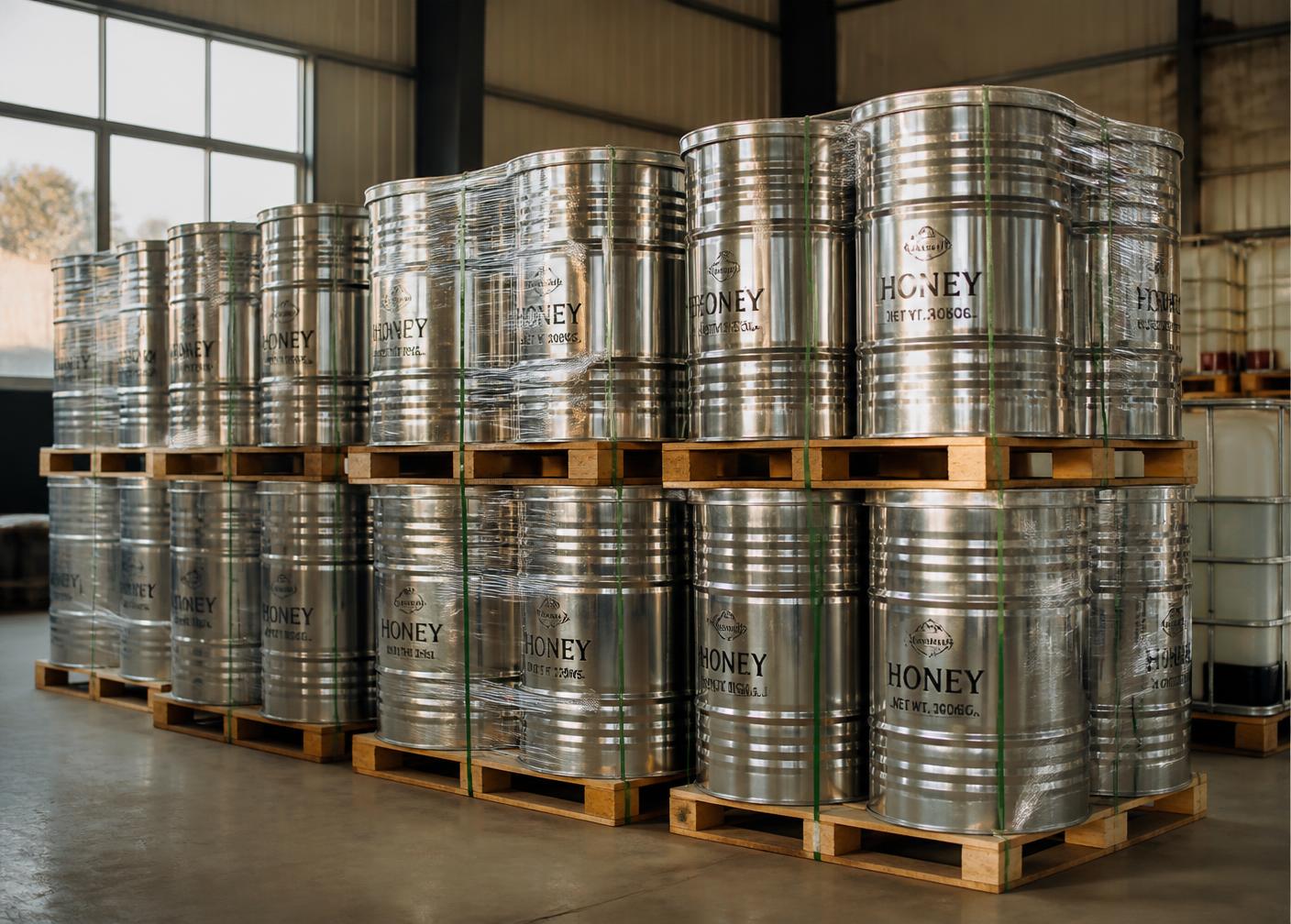Food-grade honey drums stacked on pallets, ready for export