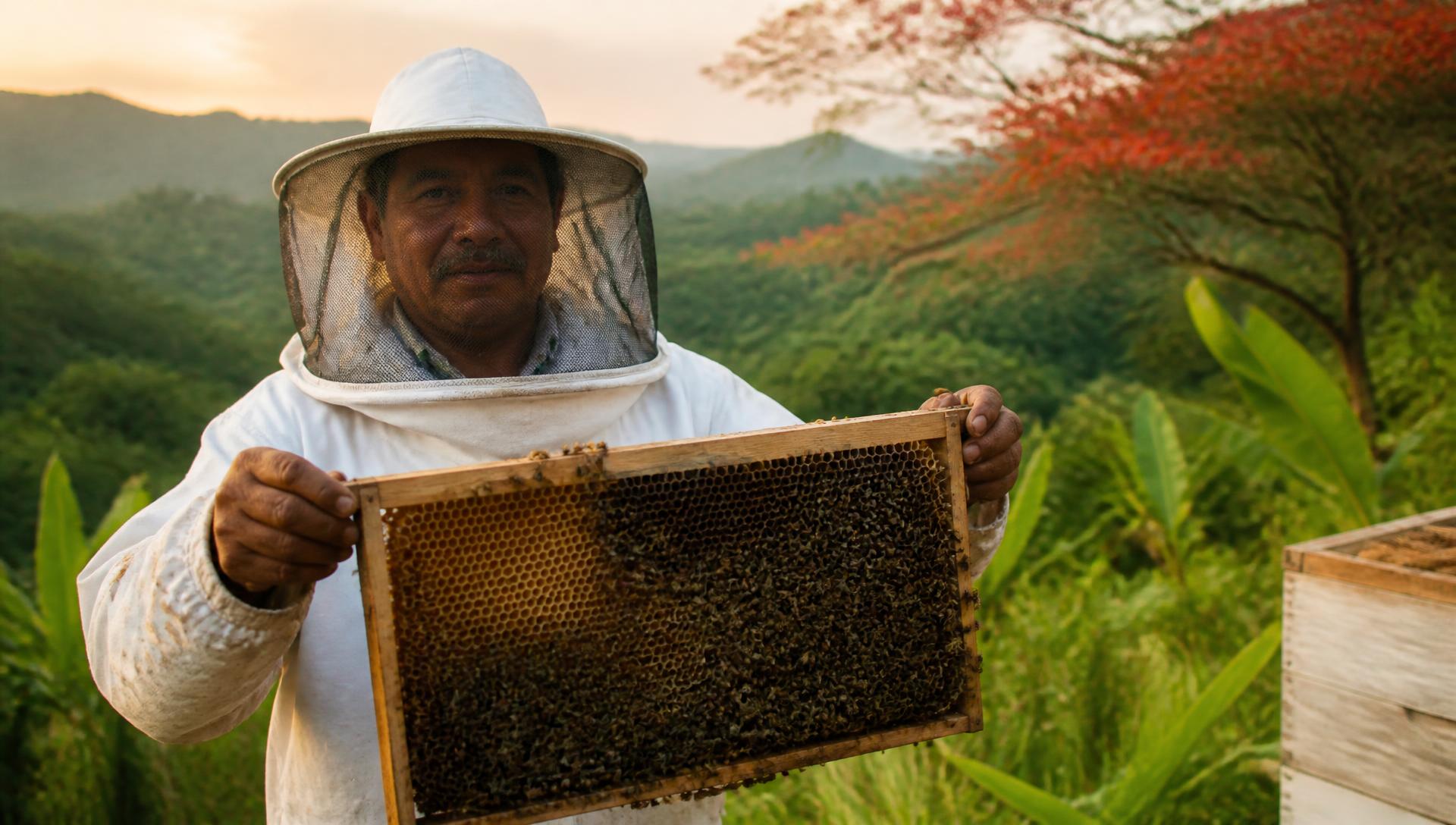 Beekeeper holding a honeycomb frame in the hills of Veracruz, Mexico